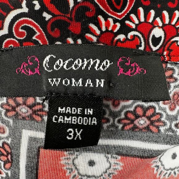 Cocomo Blouse Top Liquid Knit Patchwork Pattern Roll Tab Sleeve Relaxed Red 3X - Picture 9 of 11